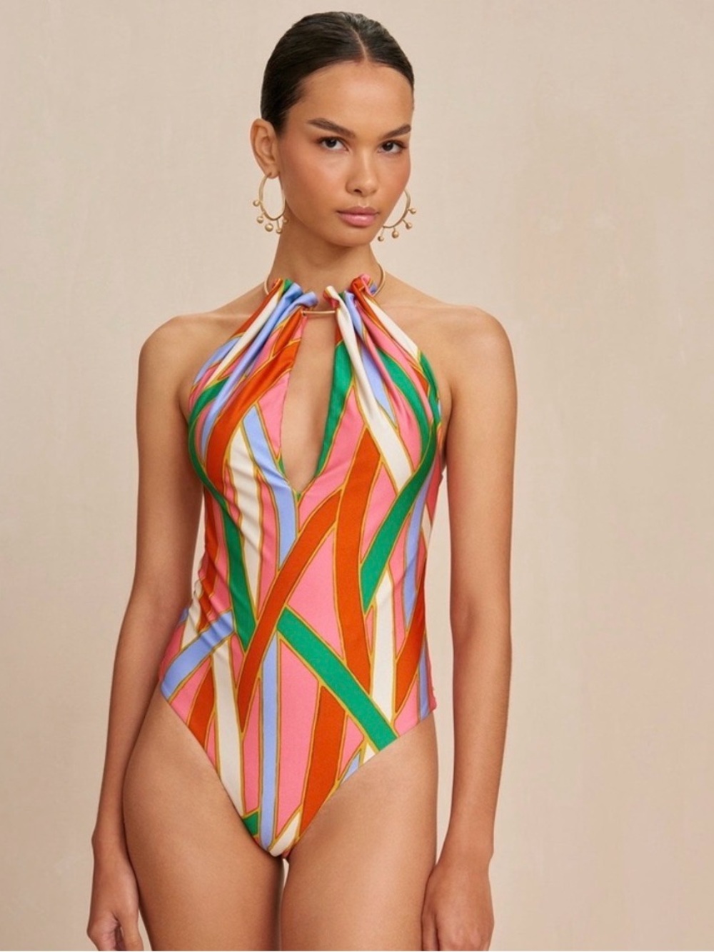cult gaia Multicolor Striped Halter One-Piece in Pink, Green & Orange